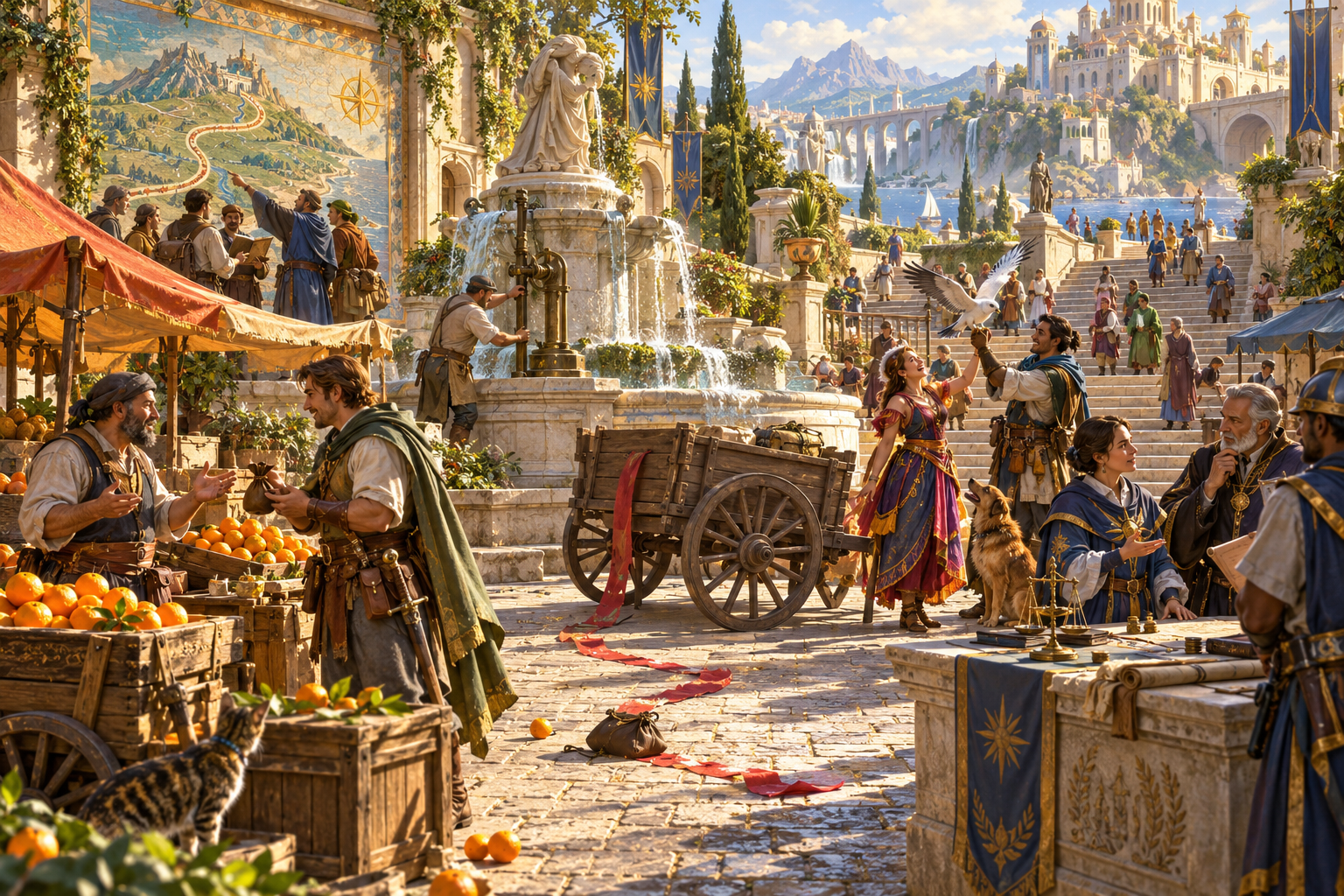 Fantasy illustration of a market after a cascade, with different people considering what remains