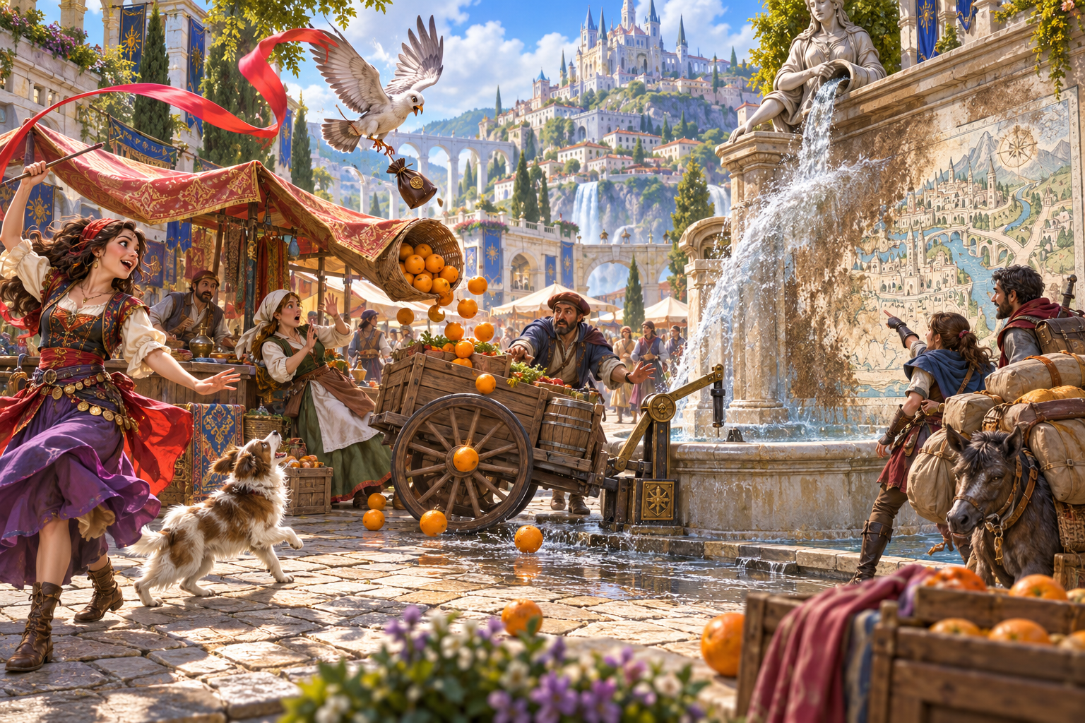 Fantasy illustration of connected market events affecting a cart, merchants, companions and a fountain