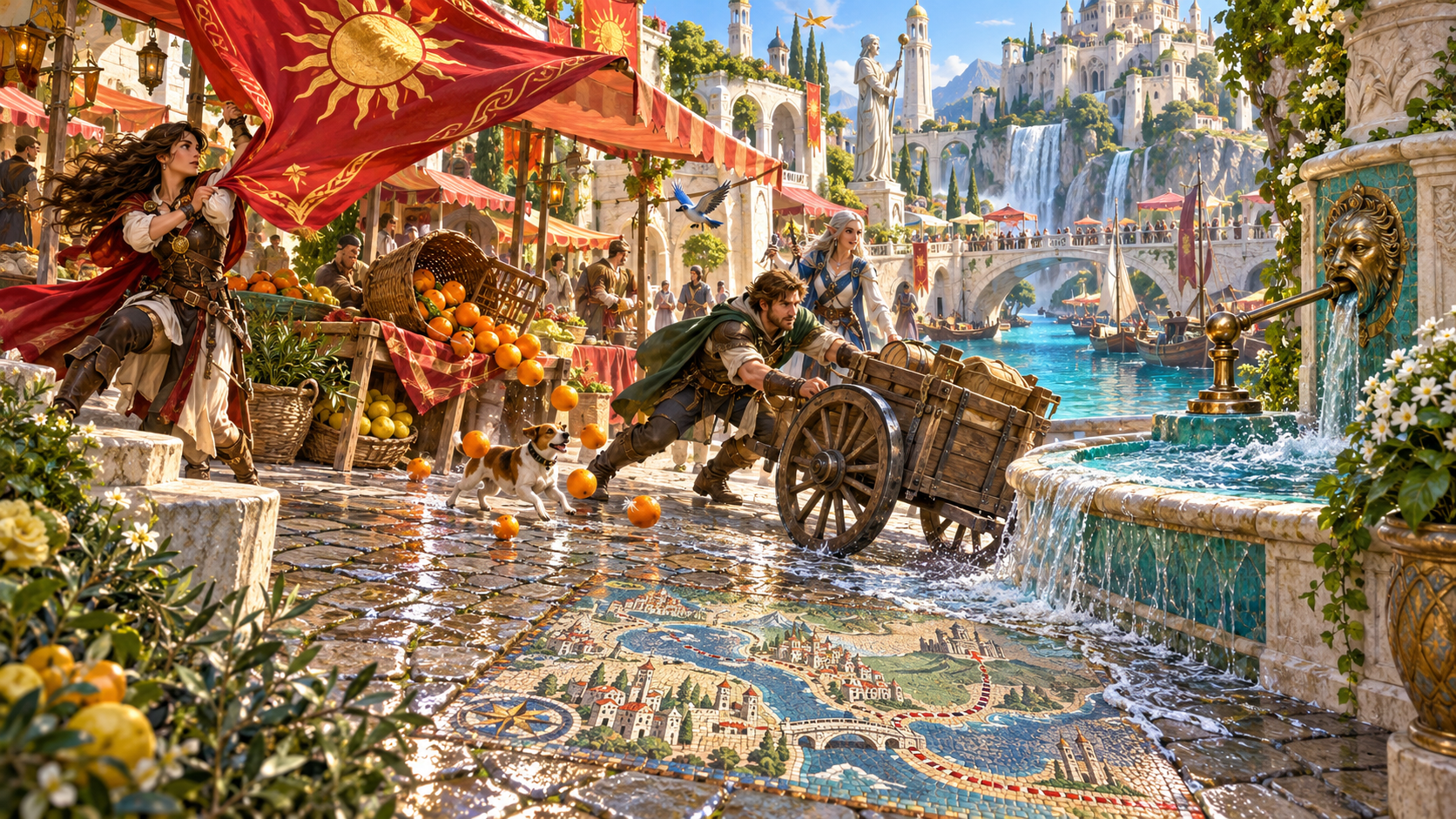 Fantasy illustration of a shifting cart and spilled fruit setting events in motion in a market