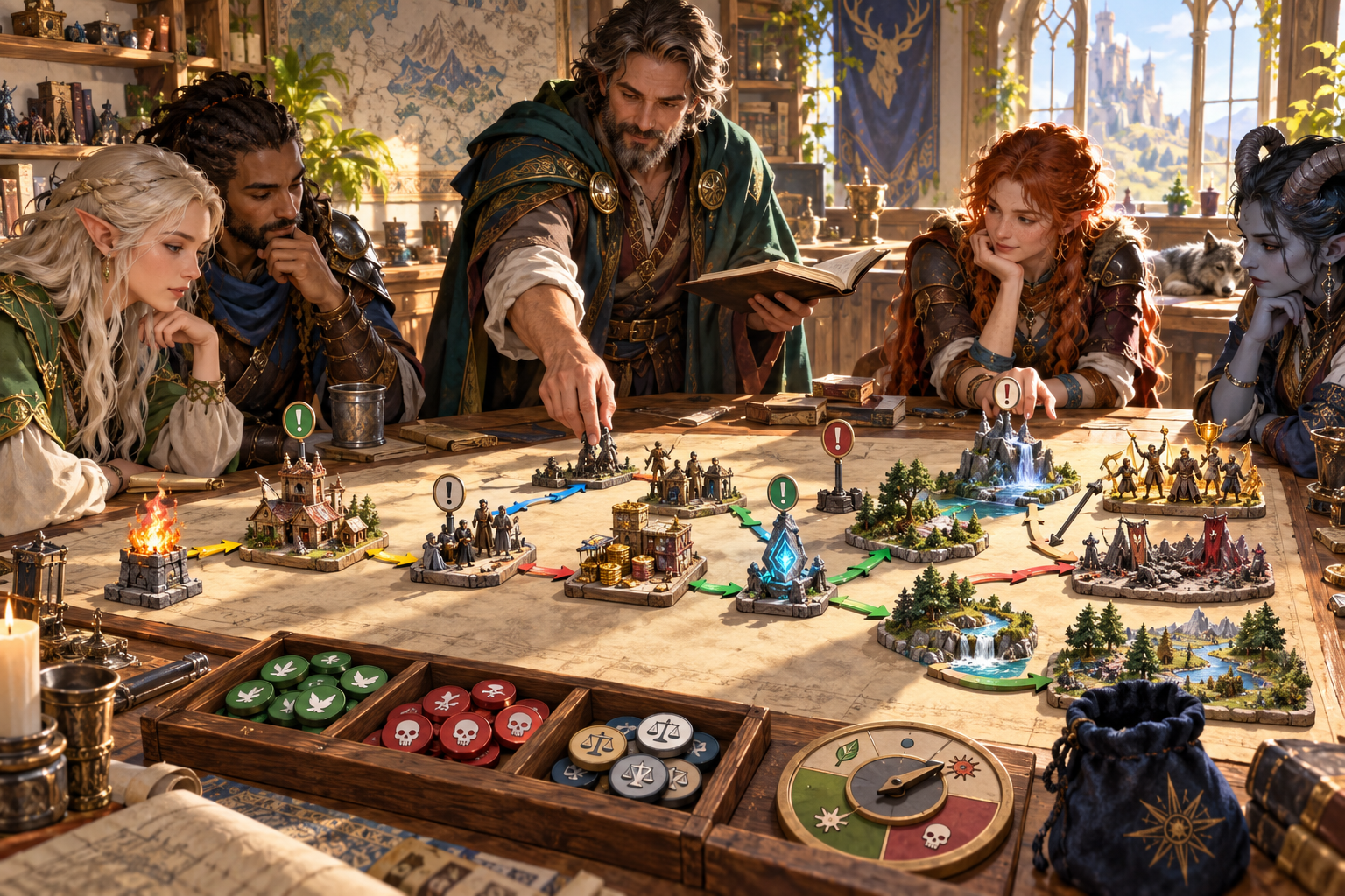 Fantasy illustration of a tabletop group mapping connected stages and possible intervention points